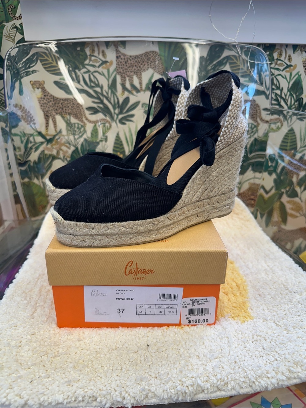 Castaner Black Canvas Espadrille Wedge with Ankle Ties 6.5